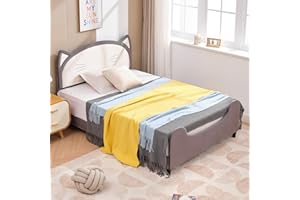 PUREMIND Full Bed Frame for Kids, Kids Bed with Cat Shape Headboard, Faux Leather Upholstered Headboard, Twin Kid Bed Frame, Modern Low Profile Platform, No Box Springs Needed-Cat Full