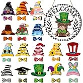 GlikCeil 33 Pcs Holiday Interchangeable Highland Cow Welcome Sign Highland Cow Seasonal Wooden Hanging Door Decor Interchangeable Holiday Door Sign for Winter Valentines Party Decor(White Plaid)