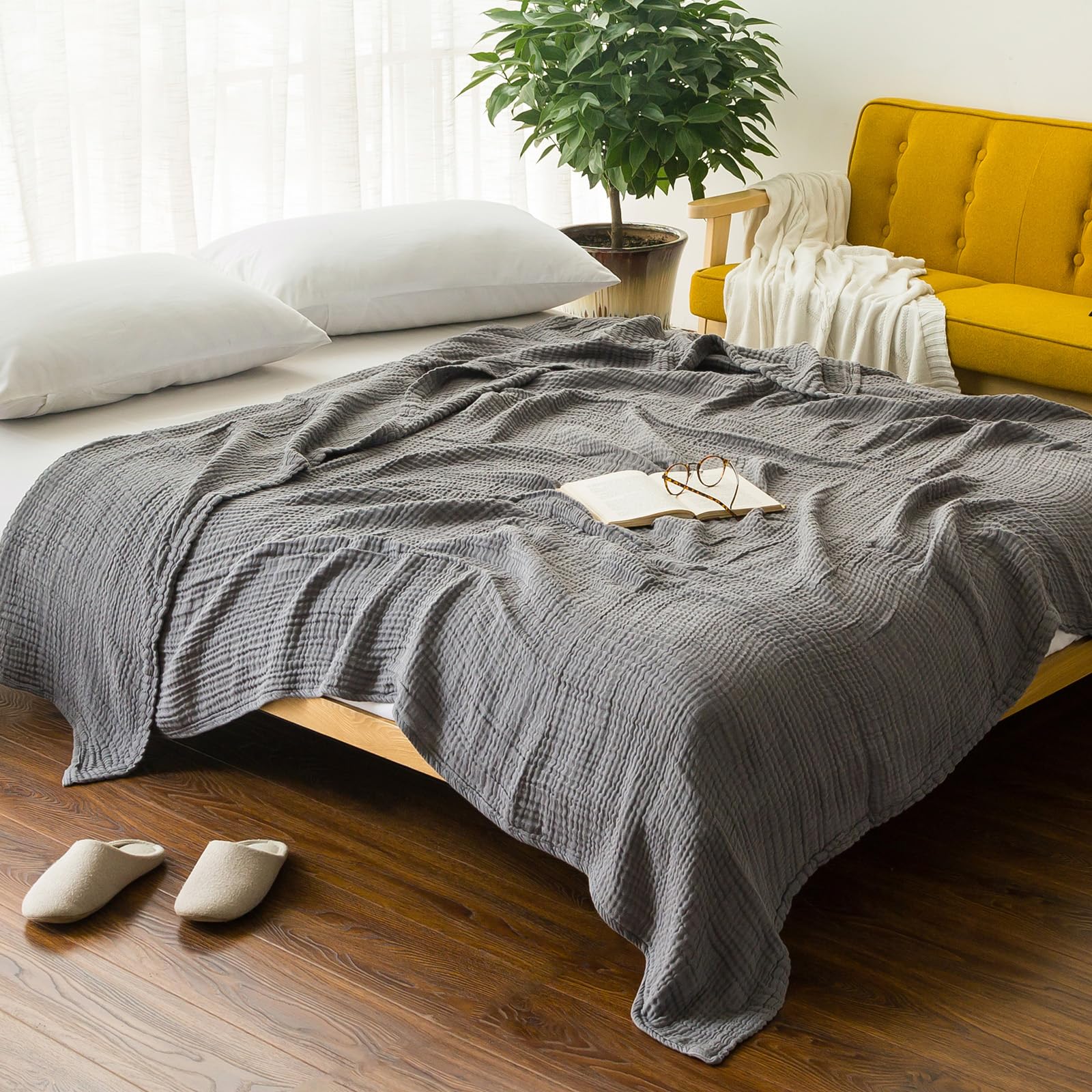 Photo 1 of EMME Cotton Blanket Queen Size for Bed Soft Large Muslin Bed Blankets 90"*90" Lightweight Breathable Grey Blanket All Season Gauze Blanket, Grey