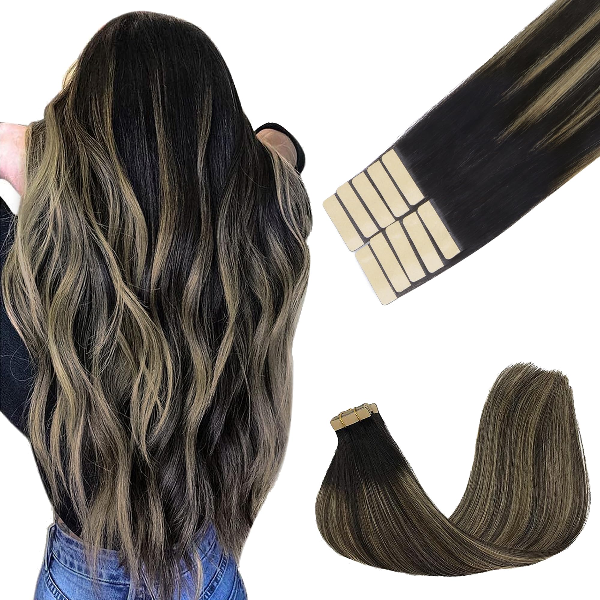 GOO GOO Tape in Hair Extensions human hair, tape Hair Extensions, 14inch 25g 10pcs, Human Hair Extensions, 1B/16/1B Black to Light Blonde