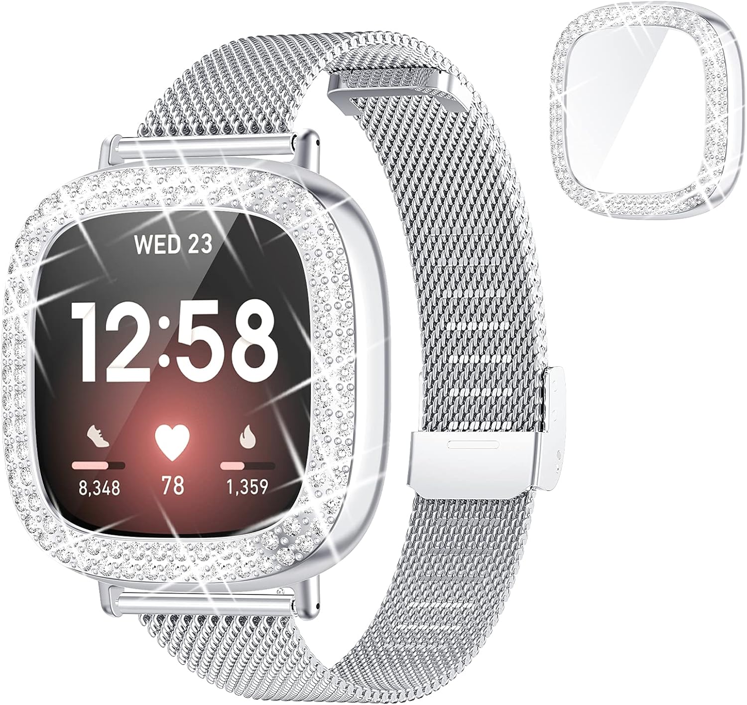 Goton Band & Screen Protector Case Compatible with Fitbit Versa 3/ Sense, Stainless Steel Metal Mesh Loop Replacement Band & Bling Case for Fitbit Sense/Versa3 Smartwatch Accessories for Women Silver: Clothing
