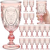 Wiwiqing 18 Pack Plastic Goblets 10oz Upgrade Vintage Water Goblet Plastic Wine Glasses Colored Retro Embossed Glassware for Party Wine Bar Juice Baby Shower Wedding Reception Grand (Pink)