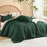 Litanika Queen Size Comforter Set Emerald Green, 3 Piece Dark Green Boho Tufted Bedding, Forest Green Fluffy Farmhouse Bed Set for All Season with 2 Leaf Pattern Pillowcases(90x90In)