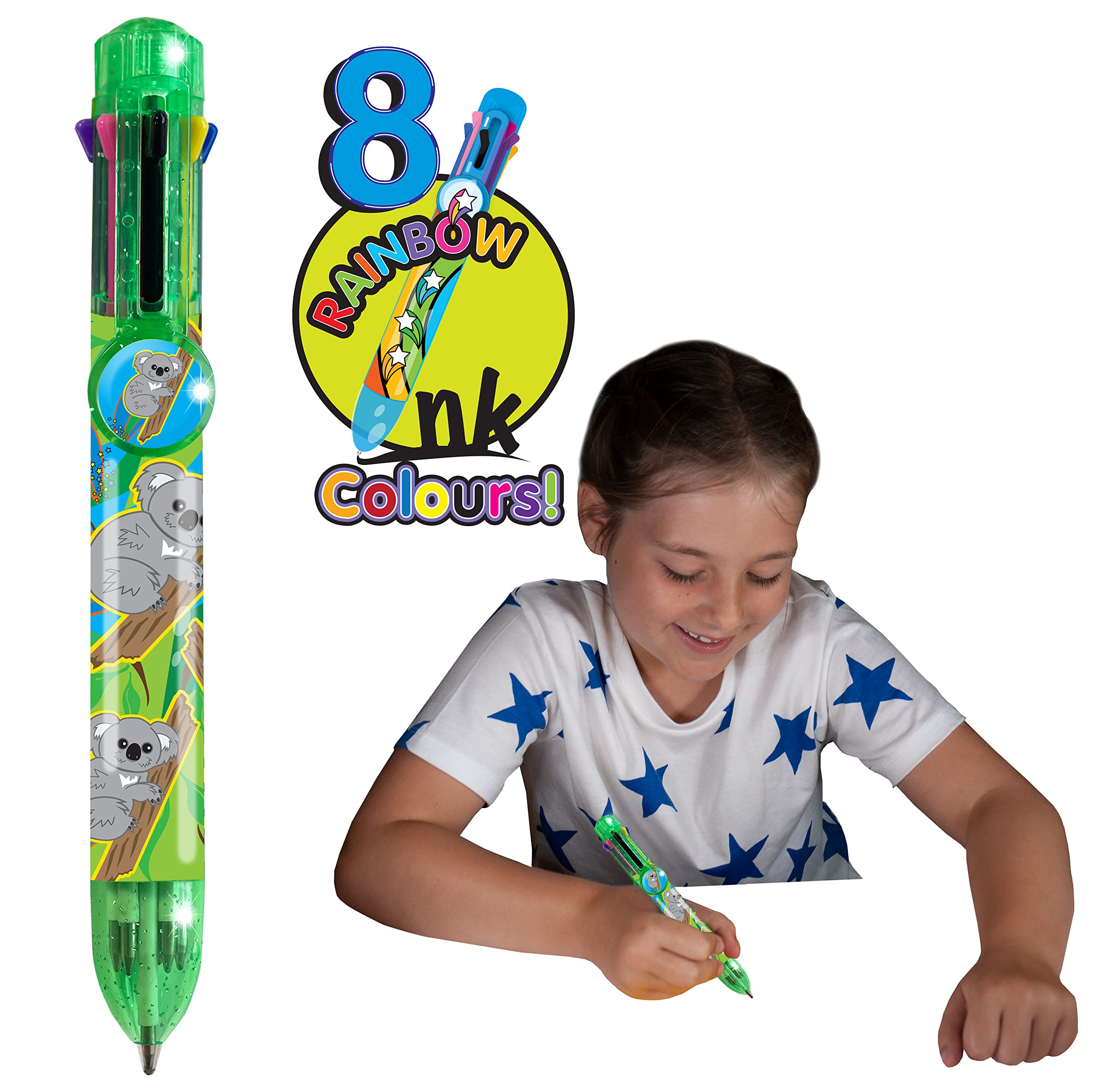 Rainbow Writer - Koala Pen by Deluxebase. 8-in-1 Multicolour Retractable Ballpoint Pen with a Green Glitter Barrel, Fun Novelty Kids Stationery, School Supplies or Party Bag Filler.
