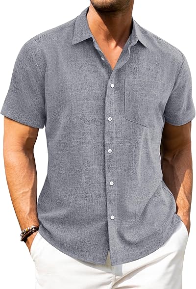 J.VER Leinenhemd Herren Kruzarm Freizeithemd Regular Fit Leicht und Luftig Sommerhemd Leinen Shirt mit Tasche