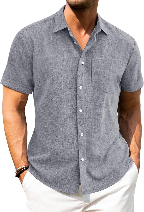 J.VER Leinenhemd Herren Kruzarm Freizeithemd Regular Fit Leicht und Luftig Sommerhemd Leinen Shirt mit Tasche