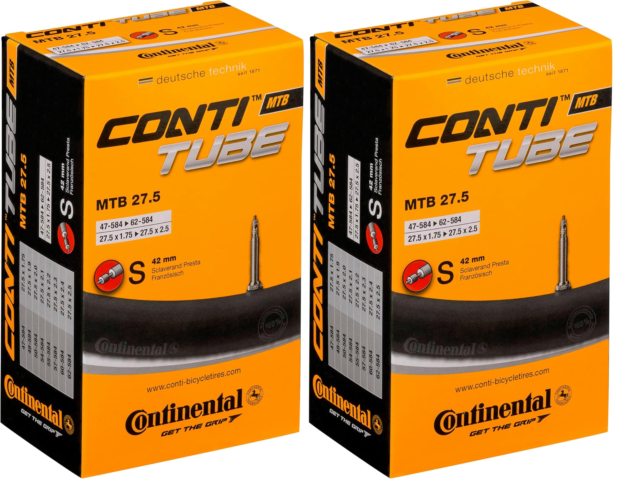Continental Unisex's 42mm MTB Presta Valve Inner TubeBlack, 27.5 x 1.75 2.5Inch/42 mm (Pack of 2)