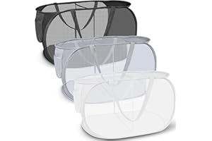 FACULX 3 Pieces Pop Up Laundry Hamper - Collapsible Mesh Popup Laundry Basket, 2 Compartments Collapsible Mesh Laundry Baskets Clothes Foldable Tote with Handle