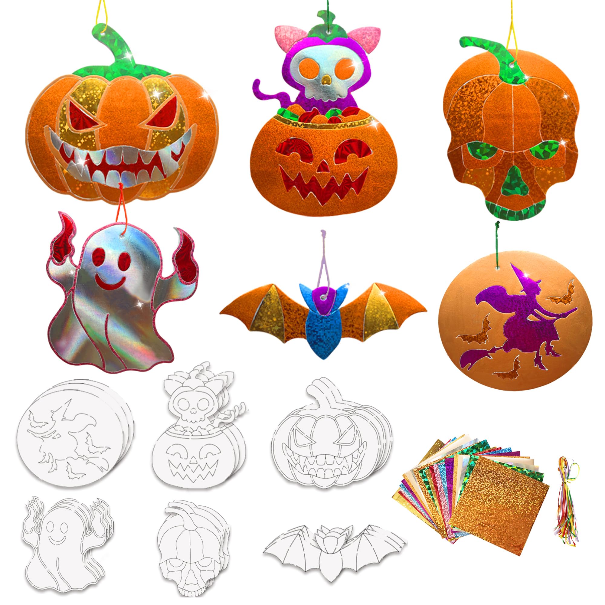 Photo 1 of MLOLM 24 Sets Halloween Foil Fun Arts Crafts Pumpkin Foil Painting Art Supplies with Pumpkin Bat Skull, Ghost Cat | No Mess DIY Creative Halloween Activities Art Project