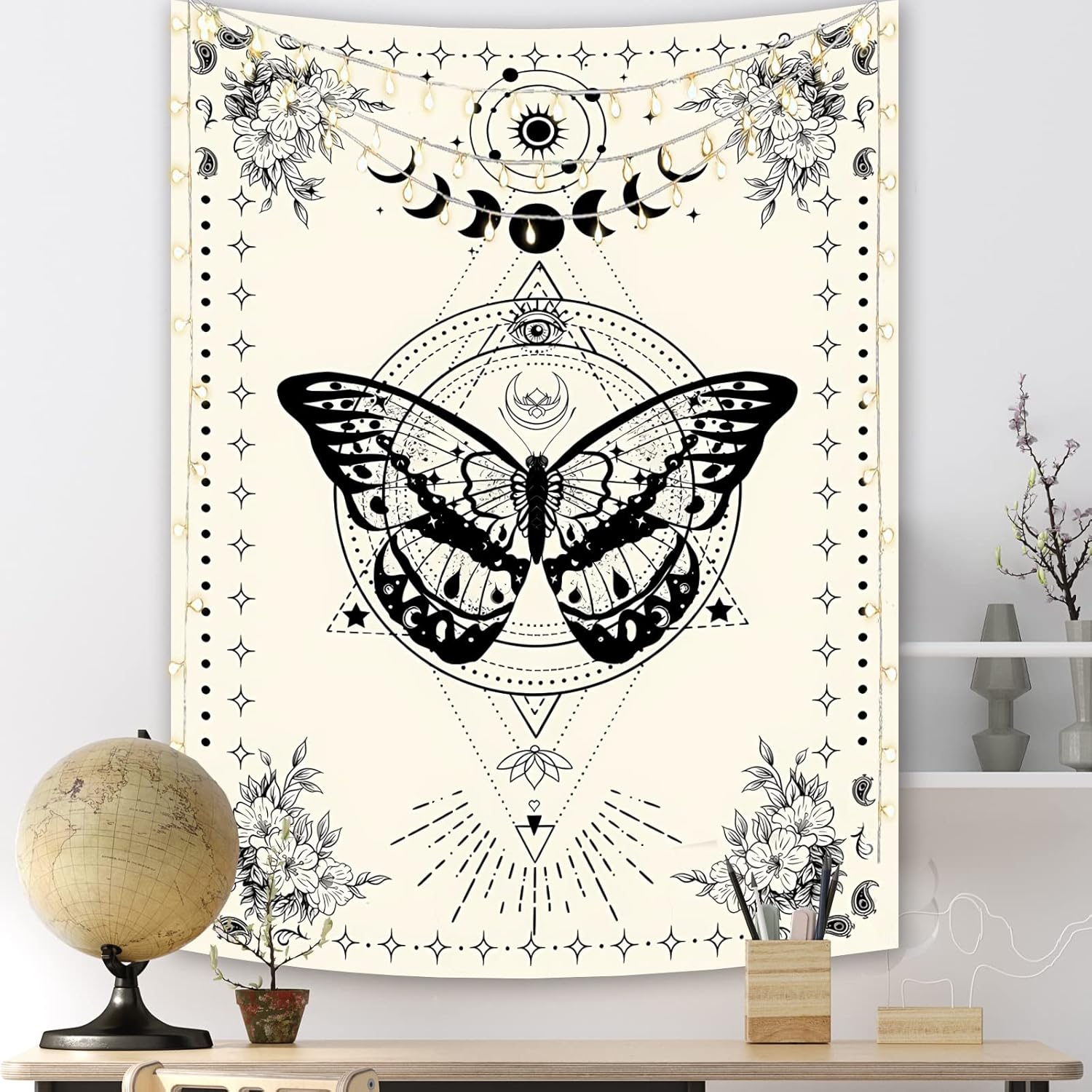 Tapestries - Avinyl Butterfly Tapestry Black and White Tapestry for Bedroom Aesthetic Small Boho Flower Tapestries Tarot Moon Phase Poster Vertical Floral Wall Hanging for Living Room Decor 36in x 48in