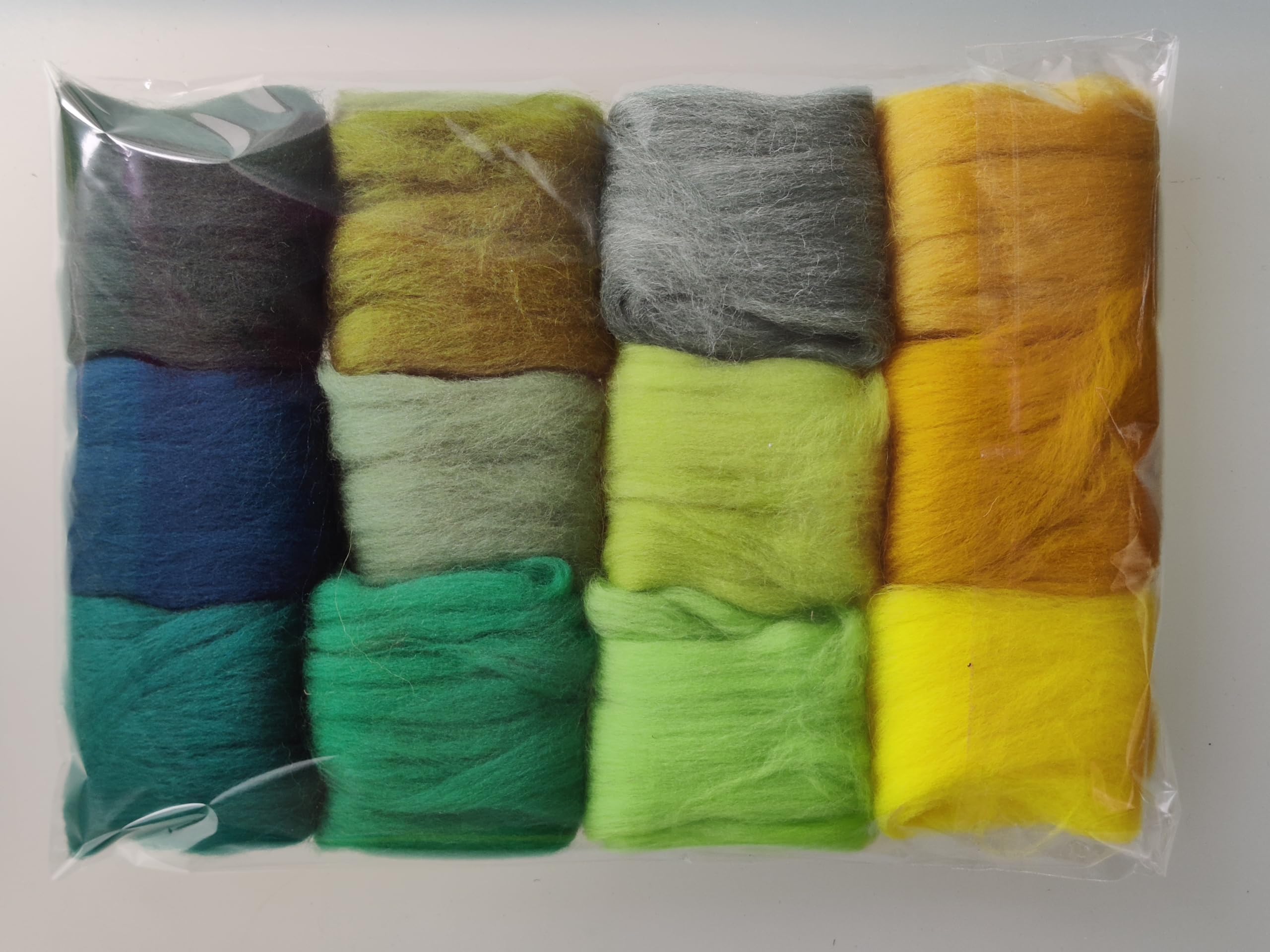 Set L* Merino wool top for needle and wet felting. Collection of 12 shades of green, 60g