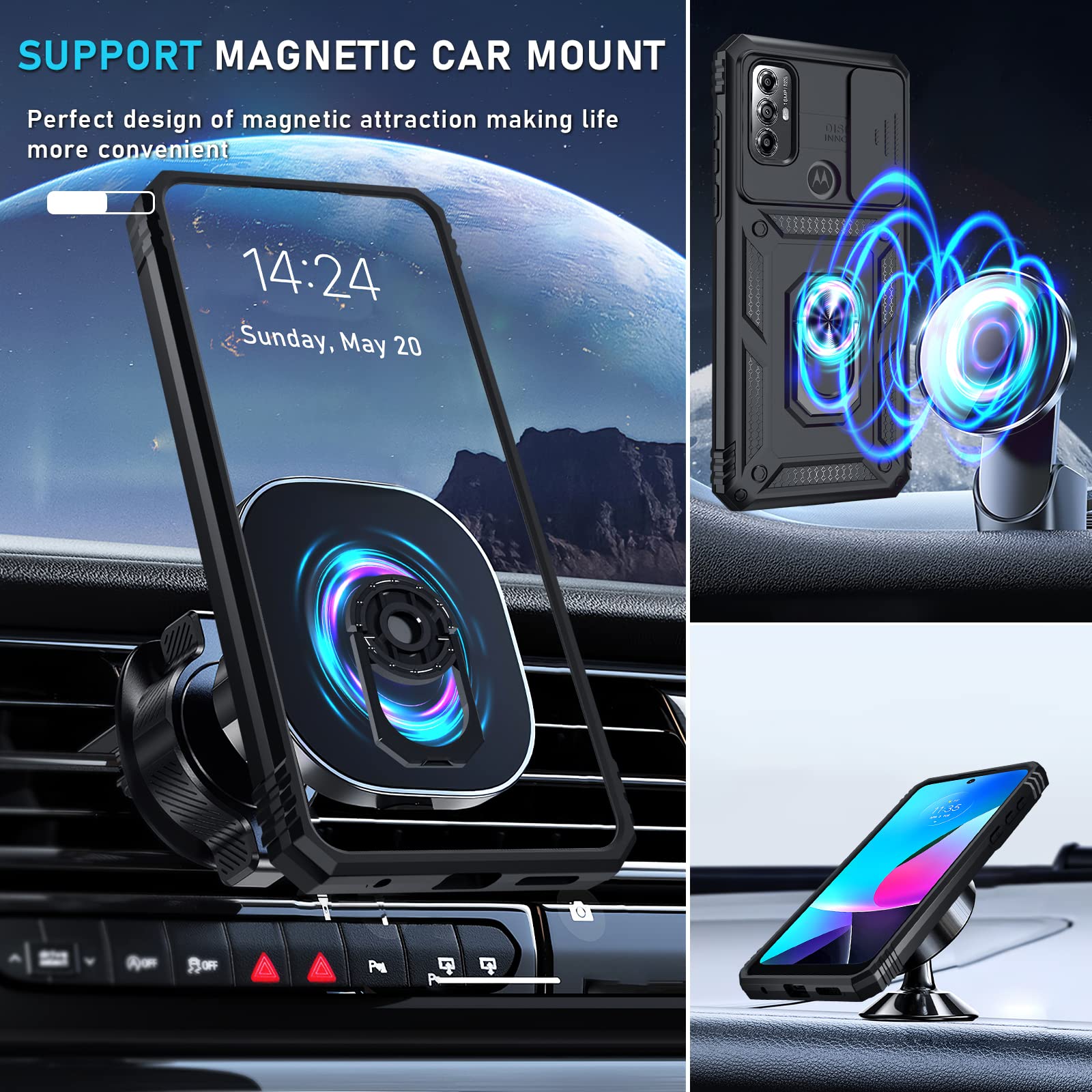 Janmitta Compatible with Moto G Play 2023,G Power 2022/G Pure Case Built in Slide Camera Lens Cover+Screen Protector+Ring Holder,Heavy Duty Shockproof Full Body Phone Cover,Black