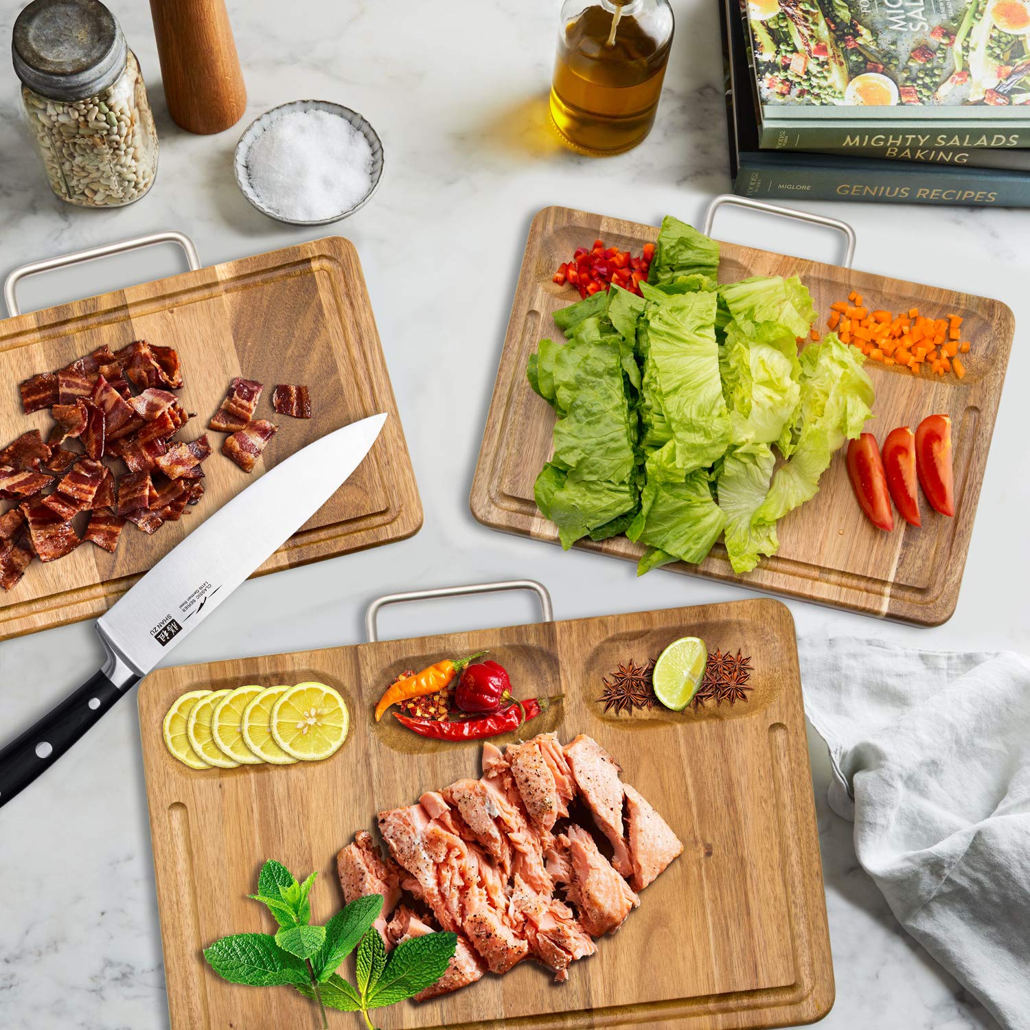 SHAN ZU Multipurpose Thick Acacia Wood Cutting Board Set of 3 Heavy Duty Chopping Board For Kitchen with Built-In Compartments And Deep Juice Grooves, Stainless Steel Handle Chopping Carving Board