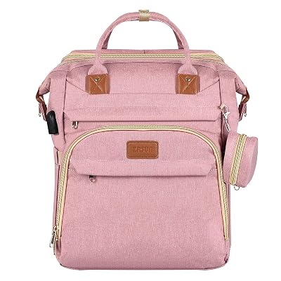 ZRSUN Baby Diaper Bag Backpack,Baby Shower Gifts, Multifunctional Travel Diaper Bag, Gifts for Mom with Portable Diaper Pad,Pink