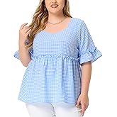 Agnes Orinda Women Plus Size Gingham Tops Sweetheart Neck Ruffle Sleeve Babydolls Blouses Plaid Summer Tops