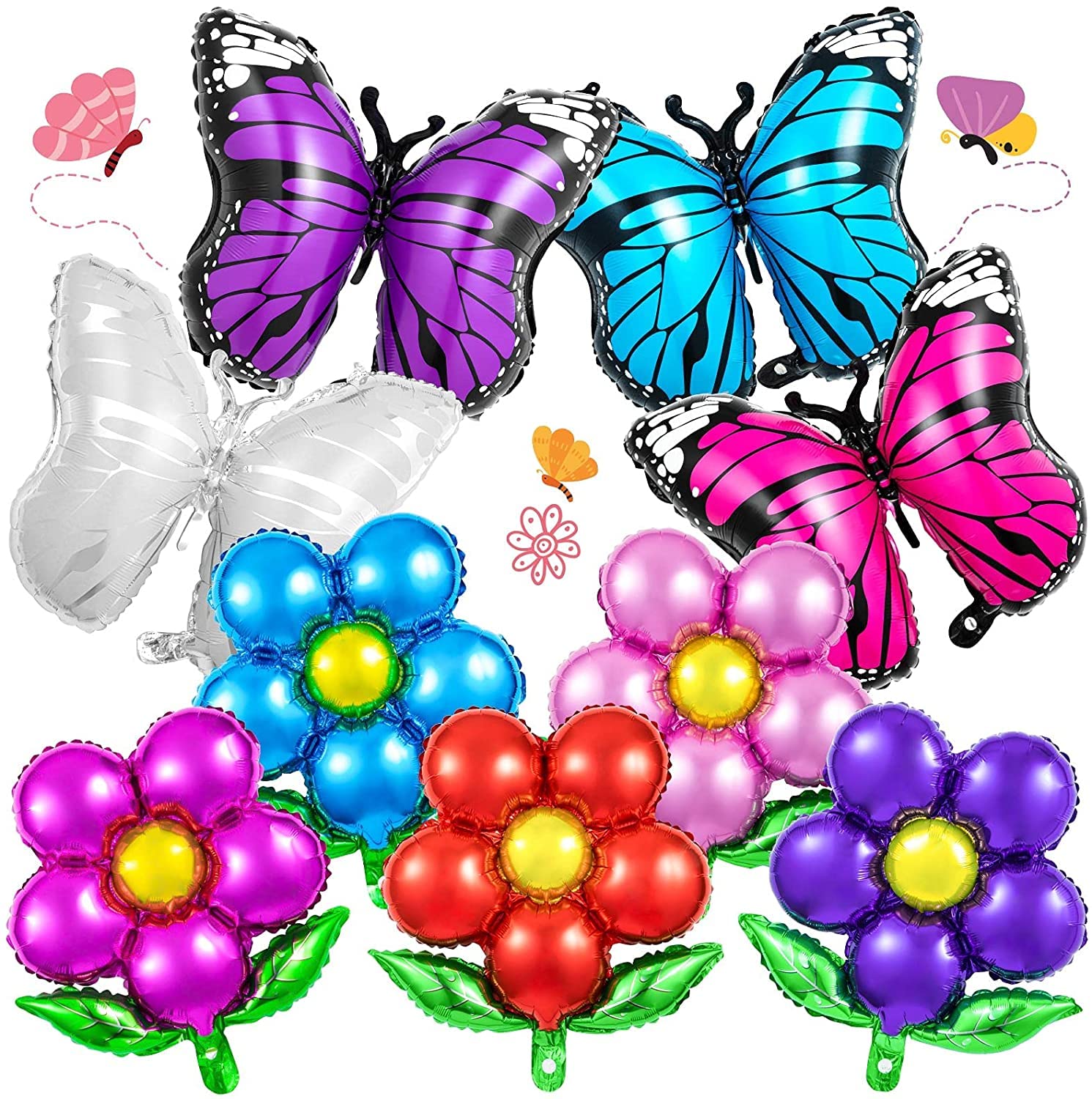 Butterfly Foil Balloons, 9 Pieces Large Flower Shaped Aluminum Foil Balloon, Colorful Fairy Mylar Balloons for Butterflies Birthday Party Decorations