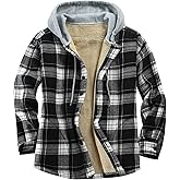 Derbars Men's Cotton Plaid Shirts Jacket Fleece Lined Flannel Shirts Sherpa Button Down Jackets with Hood for Men