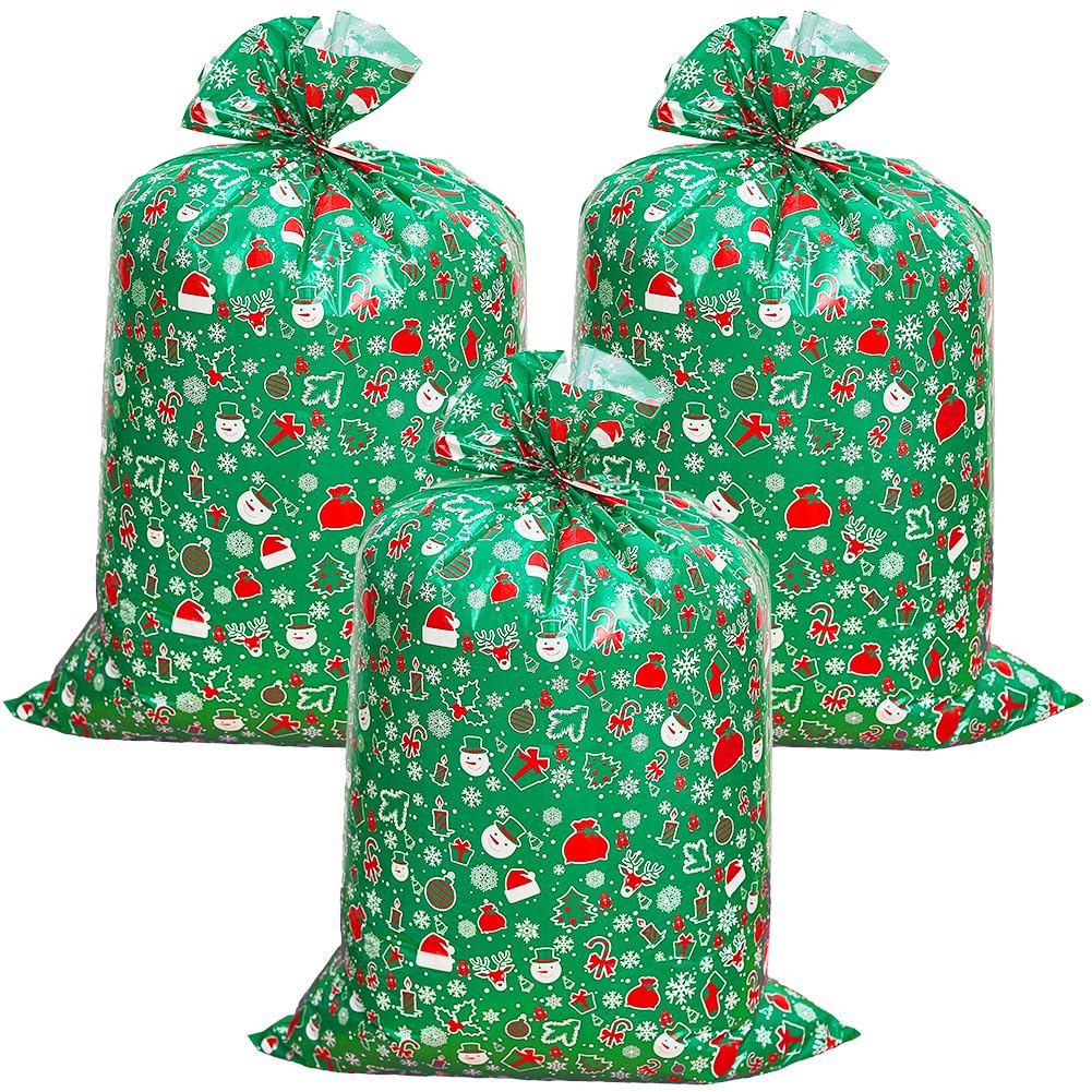 CREATCABIN 3Pcs Extra Large Bags Jumbo Large Bags with Tag and String Giant Christmas Sacks Wrapping Rectangle Plastic for Xmas Presents Huge Big Gifts 56 x 36 Inch Green
