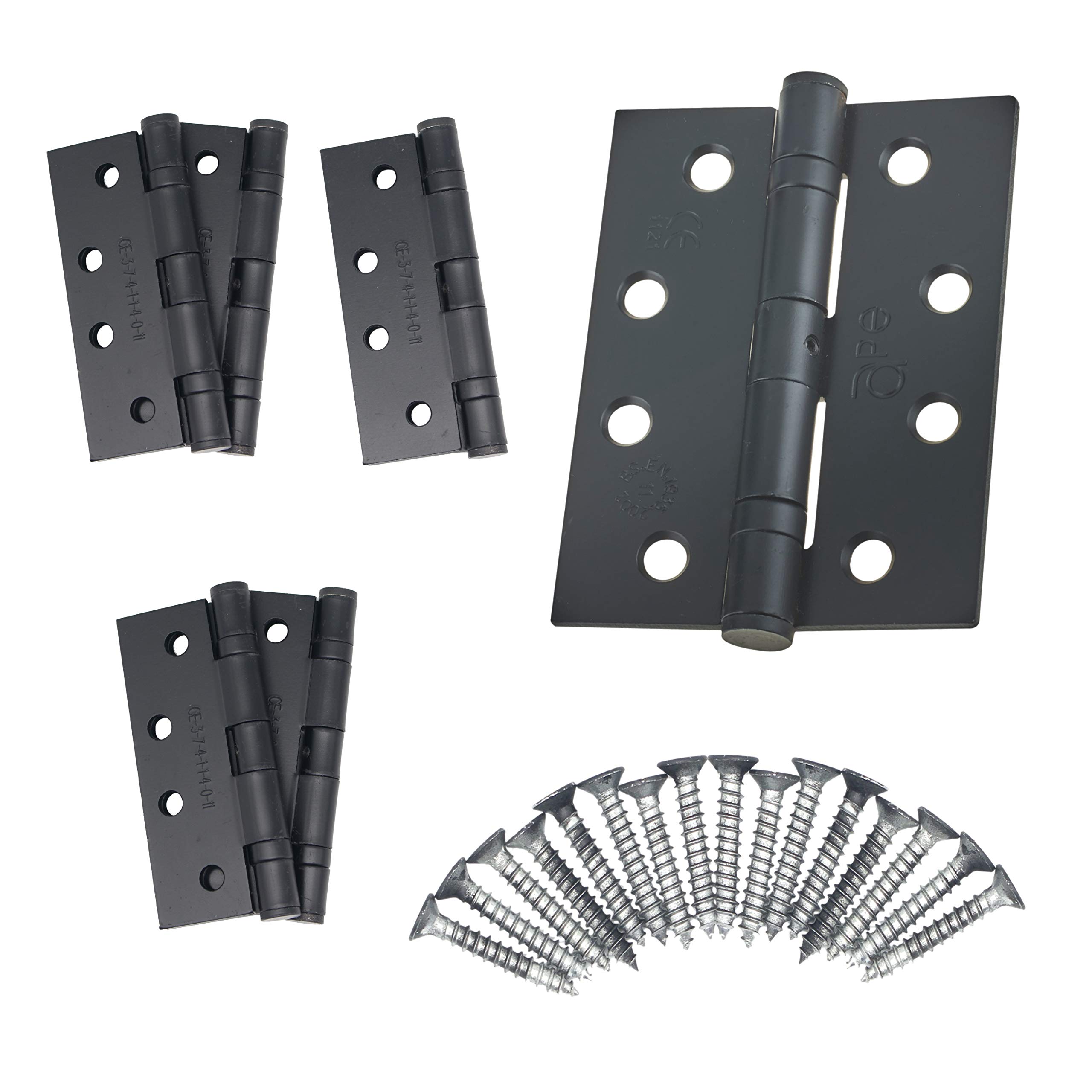 Door Hinges 4" 102mm Ball Bearing 3 Pair Pack [6 Hinges & Screws] Black