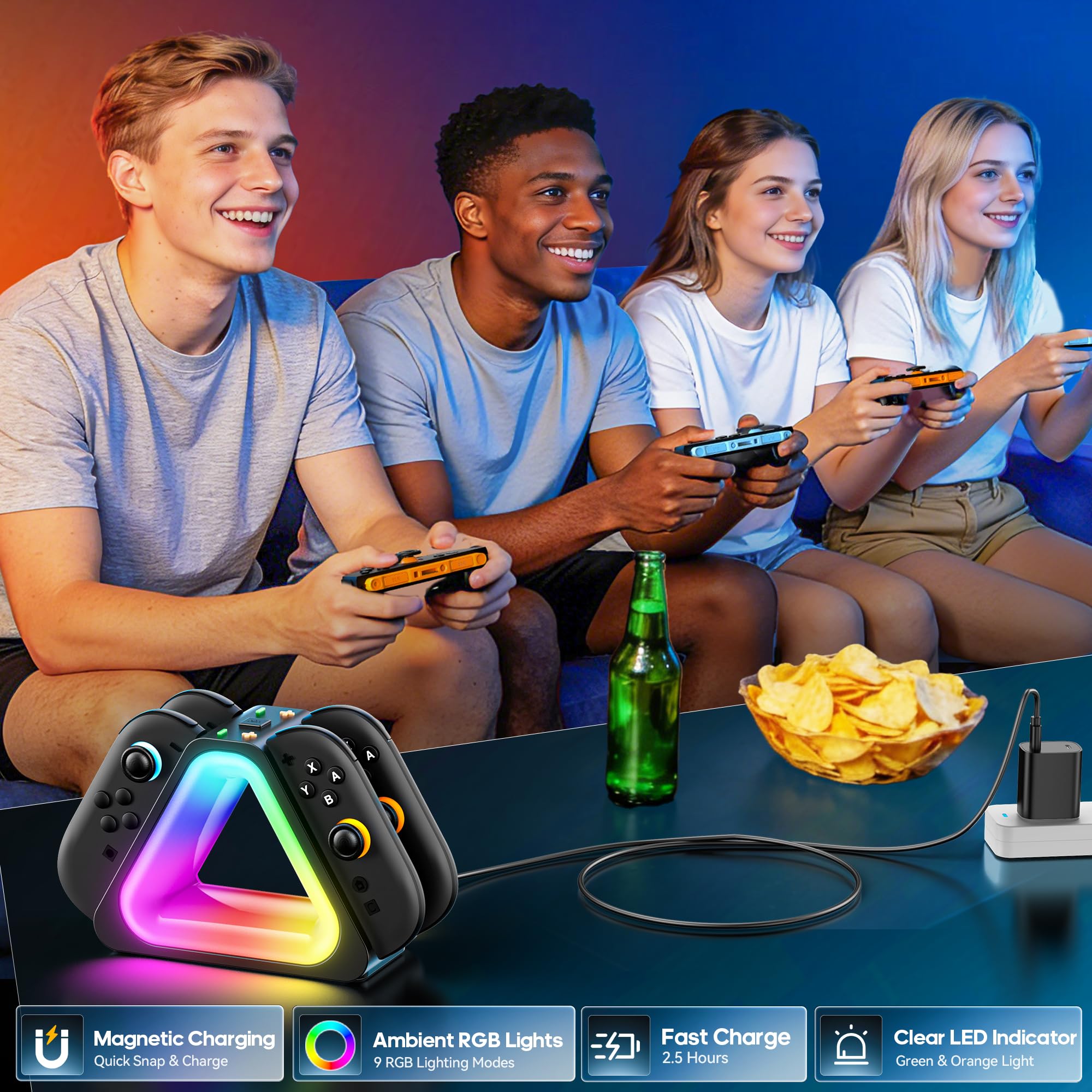 Tokluck Ladestation für 2025 Nintendo Joy Con 2, Schnelle Switch 2 Joy Con Magnetische Ladestation mit 7 Lichtmodi, Erweiterte Controller Ladegerät für Nintendo Switch 2 Zubehör 7