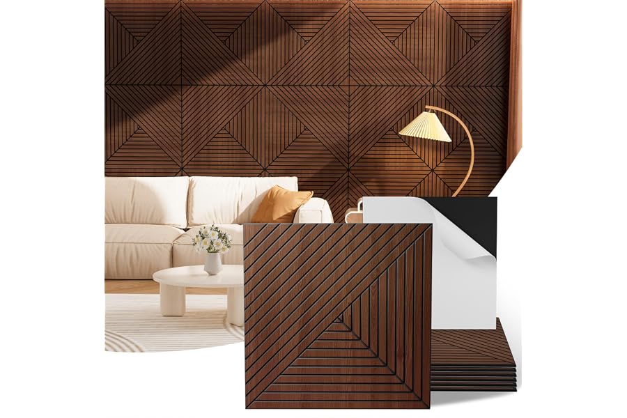 Acoustic Wall Panels, 6 Piece 23.62"X 23.62" PVC Peel and Stick Wall Panels | High-Density Polyester Fiber Self Adhesive Soundproofing for Interior Wall Décor, Recording Studios, Walnut