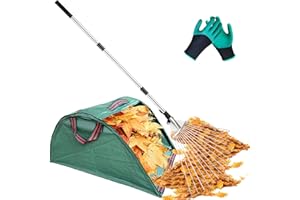 AimGrowth Adjustable Garden Leaf Rake with Leaf Collector, Collapsible Metal Yard Rake for Leaves with Expandable Head 8-15", Collect Loose Debris for Lawns Camping Shrubs and Rose Bushes