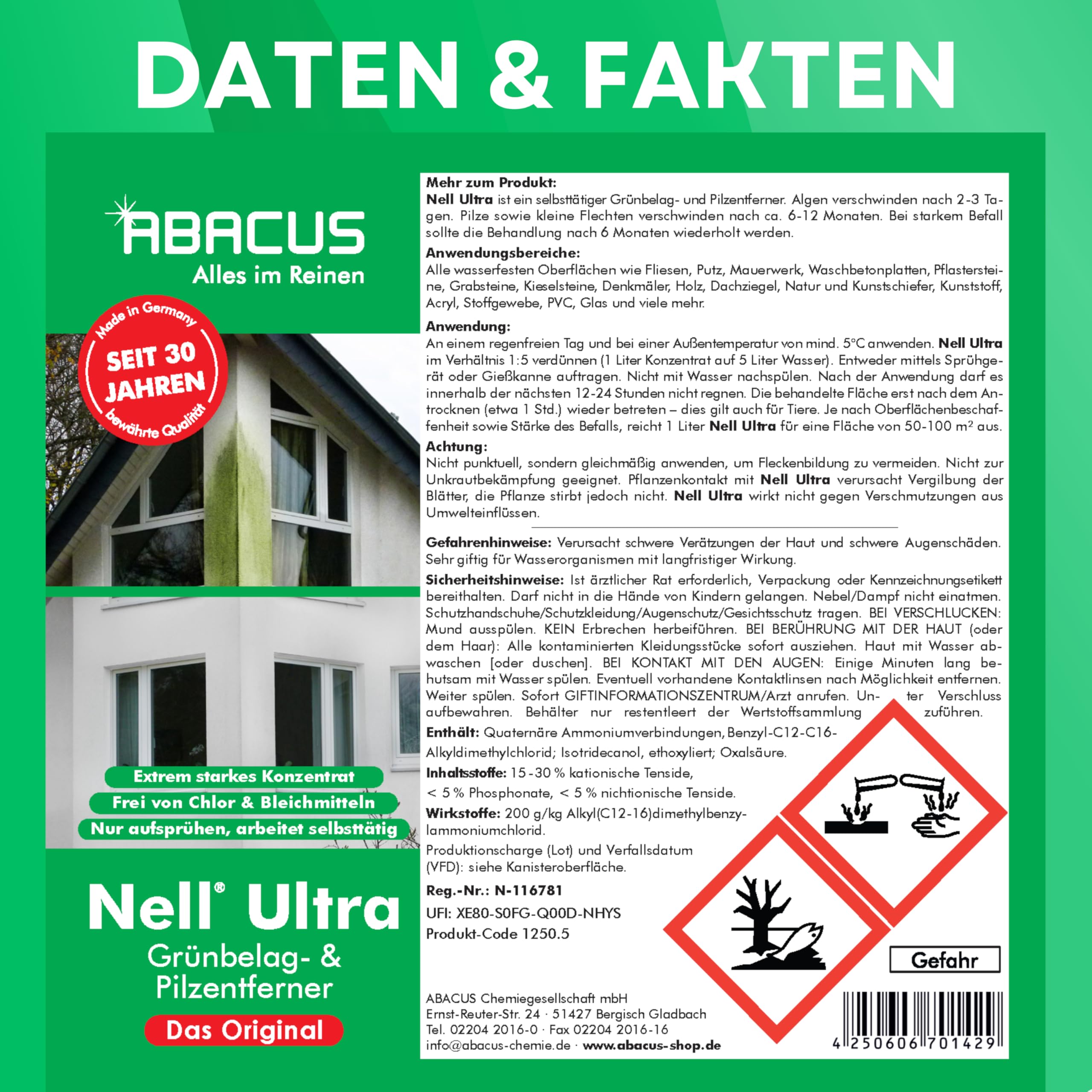ABACUS® Nell Ultra Grünbelagentferner & Algenentferner Konzentrat, extrem stark! Entfernt Grünbelag & Algen selbsttätig ohne zu Schrubben – für Stein, Fassade, Terrasse, Dach – Nell Ultra 2,5 Liter 6