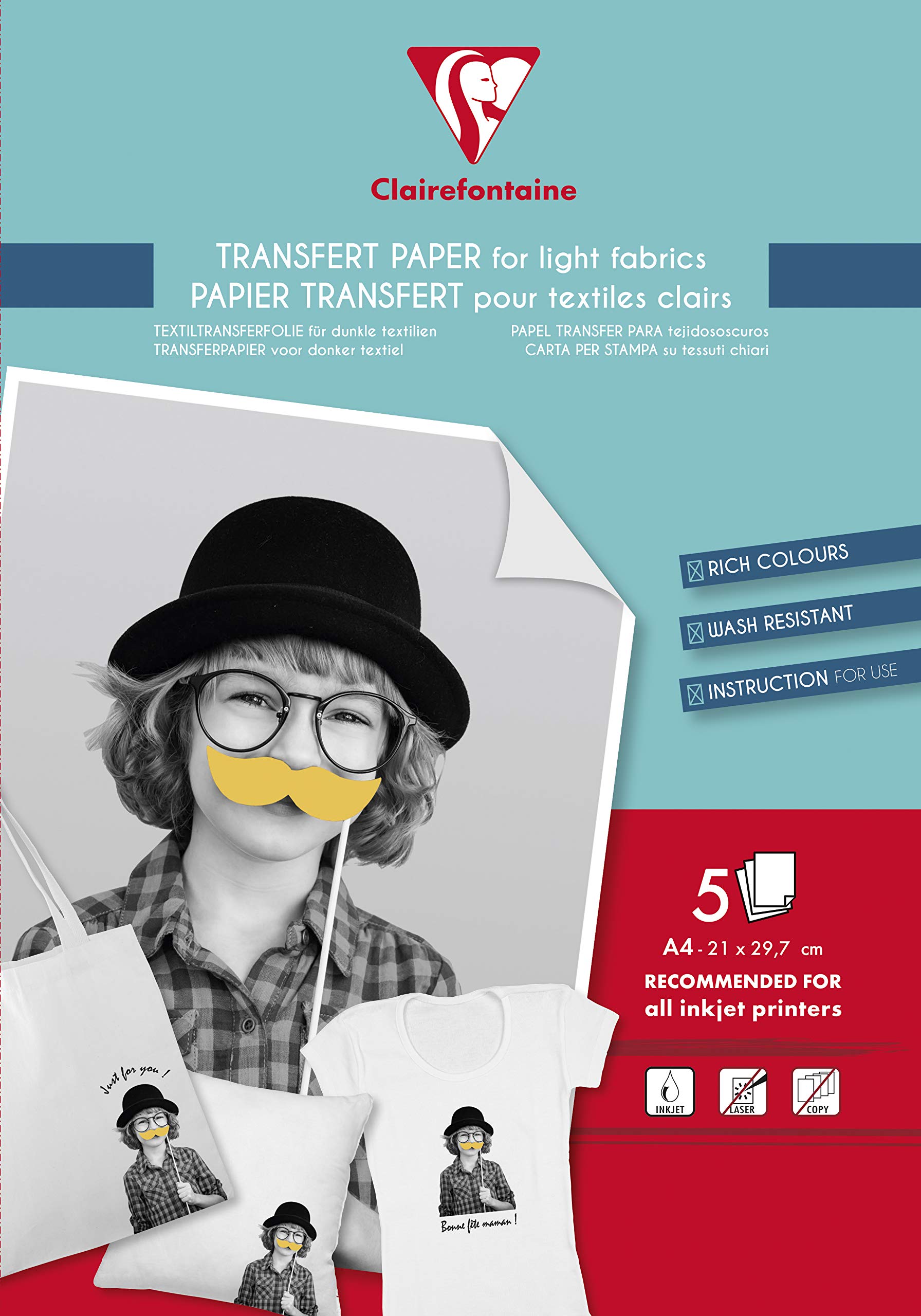 Clairefontaine 84308C - Pack of 5 Sheets of Transfer Paper for Textiles - A4 (21x29,7cm) - Ink Jet Printing - Creative leisure - DIY - Gifts Creative Craft