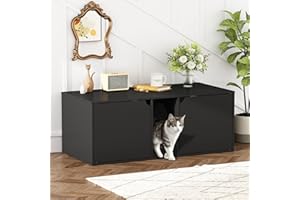 DAWNSPACES Cat Litter Box Enclosure for 2 Cats, Modern Wooden Stackable Large Cat Washroom Storage Cabinet Bench End Table Furniture, W/Removable Litter Box, Black