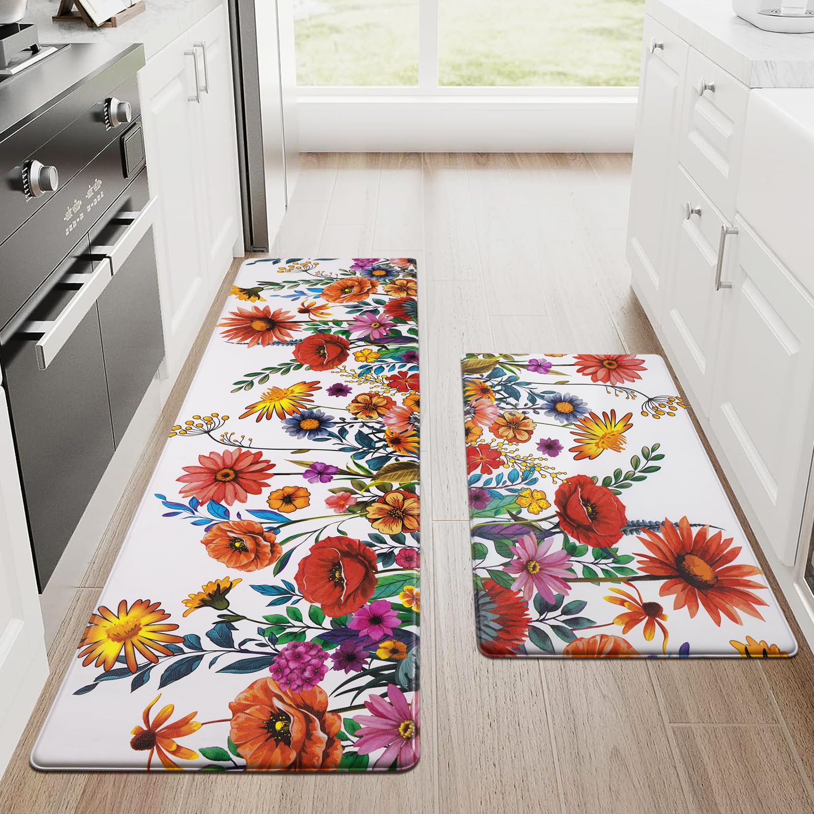Photo 1 of Likiyol Kitchen Mats for Floor [2 PCS] Anti-Fatigue Comfort Kitchen Rugs, Cushioned Waterproof Non-Slip Kitchen Decor Mat Thick, Floral Standing Floor Mats for Home/Office, 18''x30''+18''x60''(White)