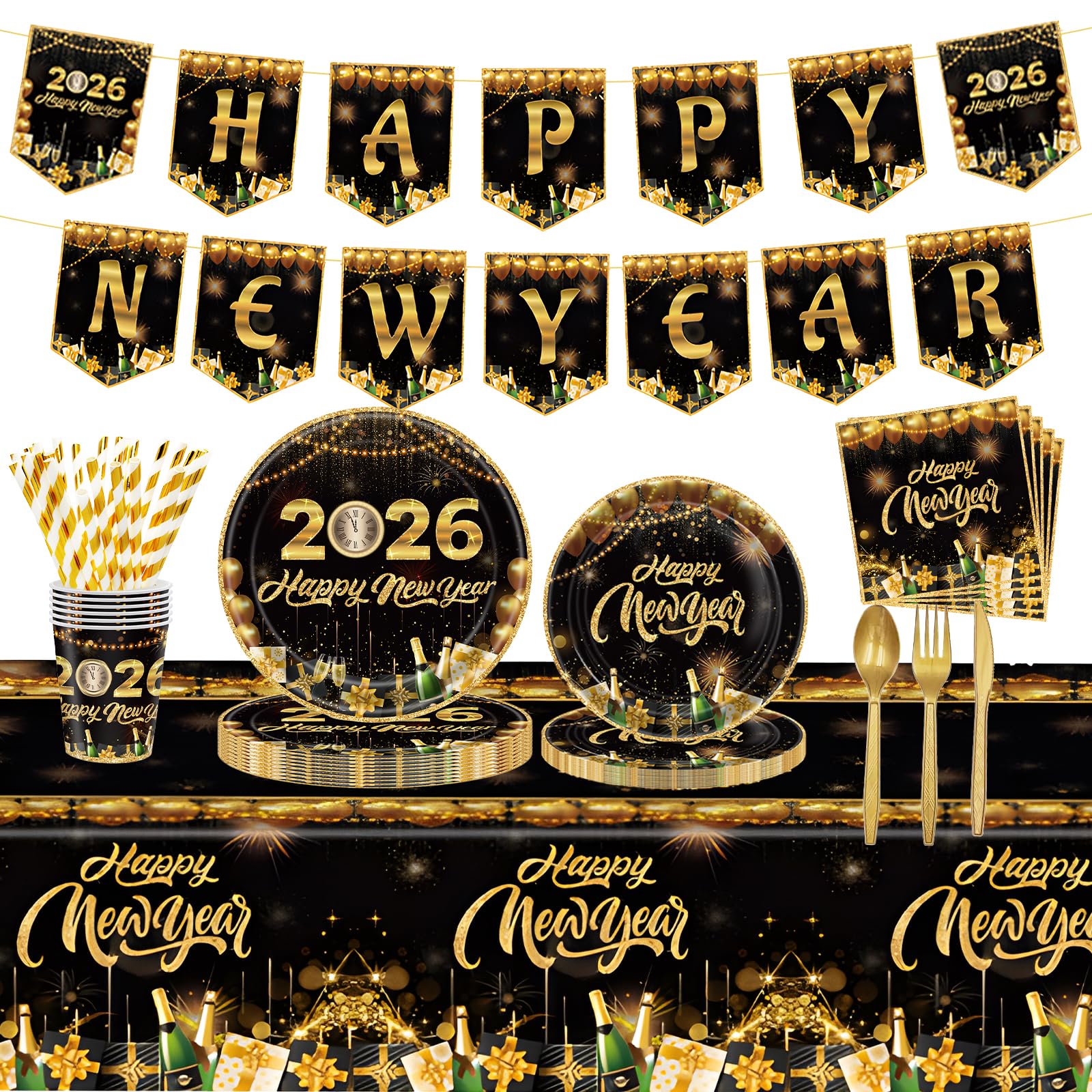Photo 1 of 194Pcs New Year 2026 Party Tableware Set for 24 Guests, Happy New Year Dinnerware Decorations of Banner, Tablecloth, Plates, Napkins, Drinking Straw, Cups, Knife, Fork and Spoon