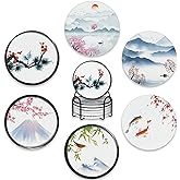 Drink Coasters Set of 6 with Holder,Japanese Cherry Blossom and Fujiyama Mountain Absorbent Ceramic Coasters with Cork Base,Fit All Cups,Tabletop Protection Mat for Mugs and Cups,Office,Kitchen