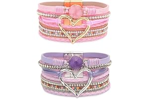 COAUXOG 2Pcs Boho Bracelets Woven Leather Multi-Layer Wrap Bracelet Heart Shape Inlaid Rhinestone Stackable Fashion Women Bracelet Jewelry