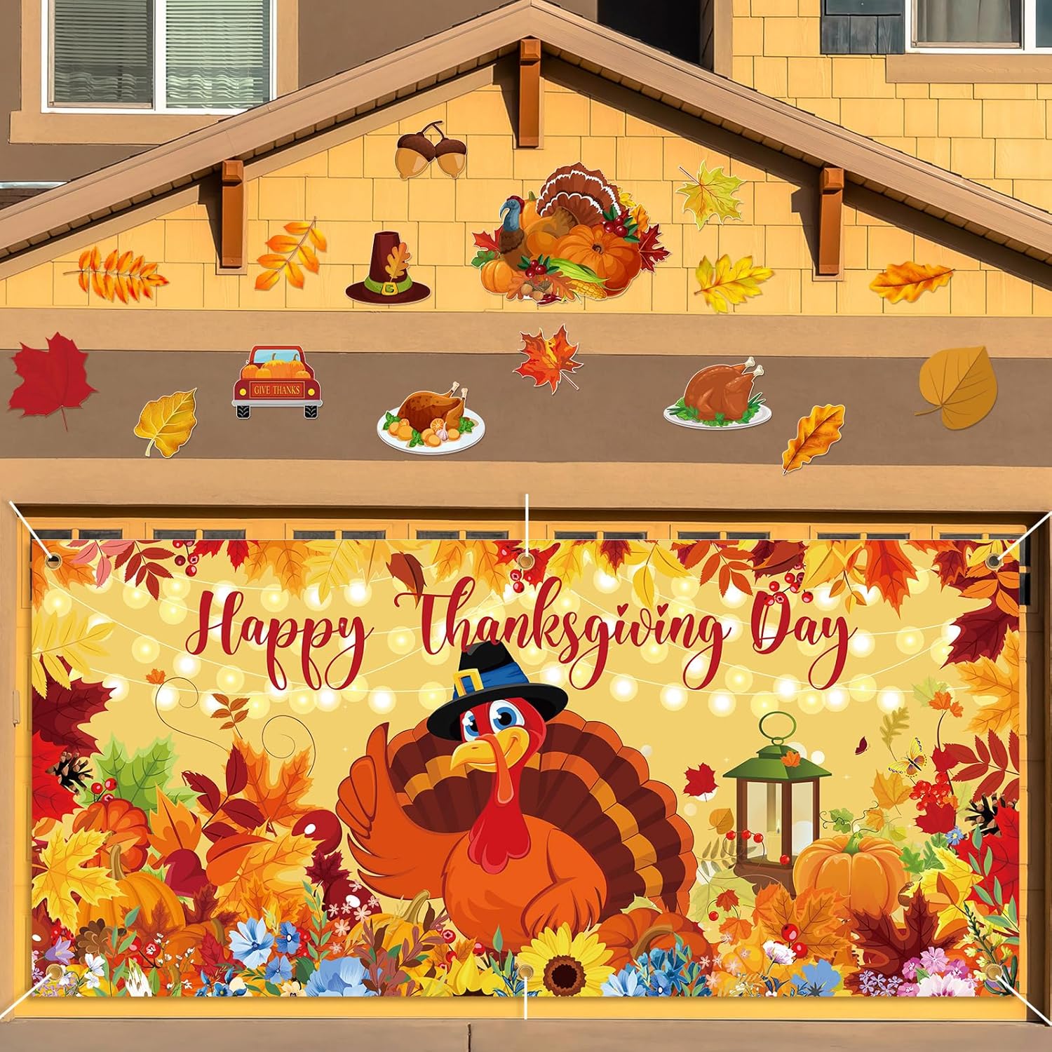 Garage Door Decorations - 6 x 13ft Fall Thanksgiving Garage Door Decoration Banner Extra Large Happy Thanksgiving Backdrop Fall Turkey Background with White Rope Autumn Harvest Wall Hanging for Fall Thanksgiving Party
