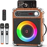 JAUYXIAN Bluetooth Speaker with Two Wireless Microphones, Outdoor Speaker with Subwoofer/Tweeter, Portable PA Speaker System with Remote Control, Discol Lights, FM, REC for Home, Party