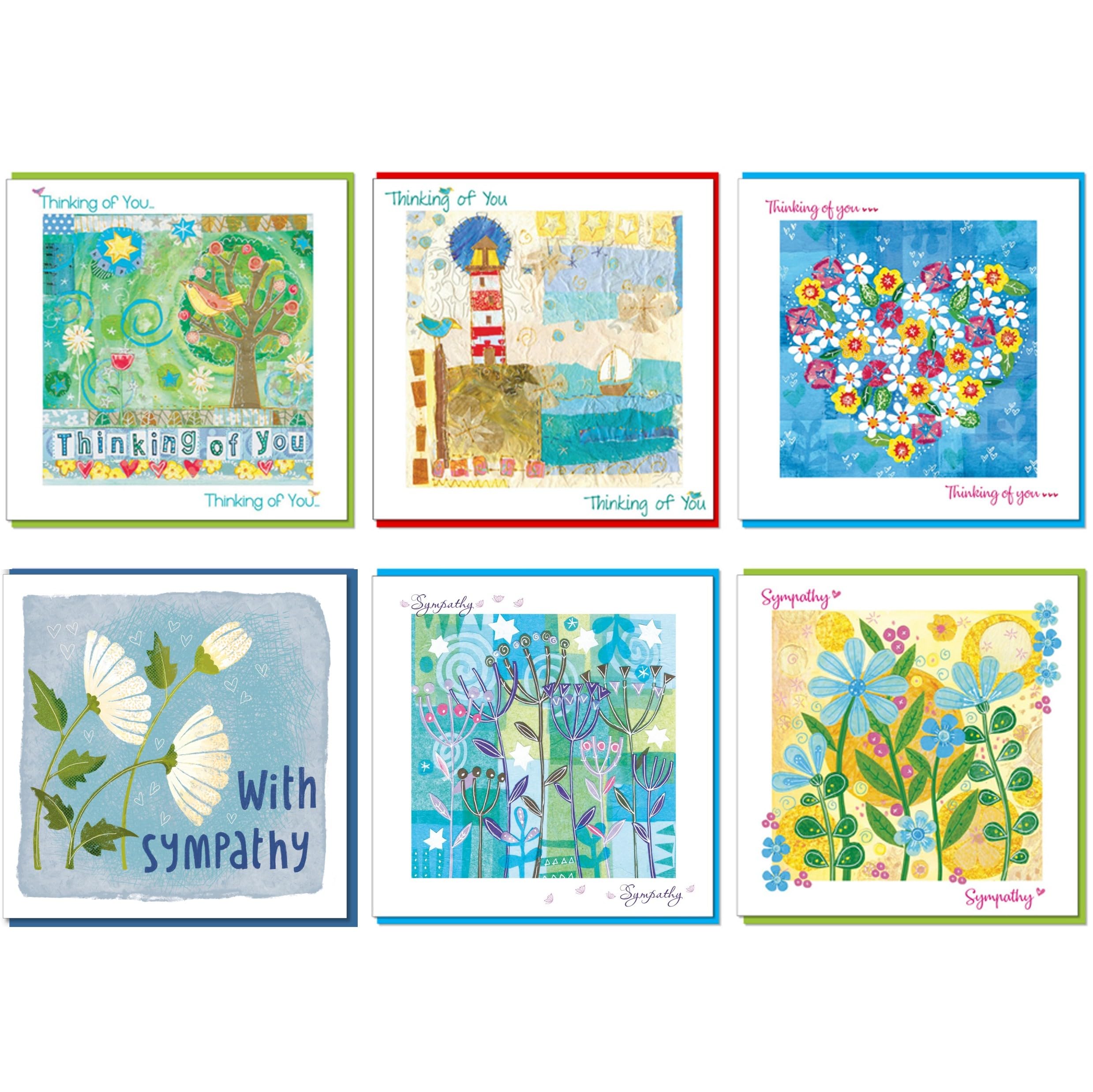Pack of Sympathy Cards, 14x14cm, 6 designs in this Bereavement cards pack, each with a Coloured Envelope, blank inside, by Just Cards Direct