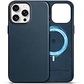 SHIELDON Genuine Leather Case for iPhone 15 Pro Max 6.7", Magnetic Wireless Charging Non-Slip Microfiber Lining Anti-Scratch Shockproof Protective Case Compatible with iPhone 15 Pro Max - Navy Blue