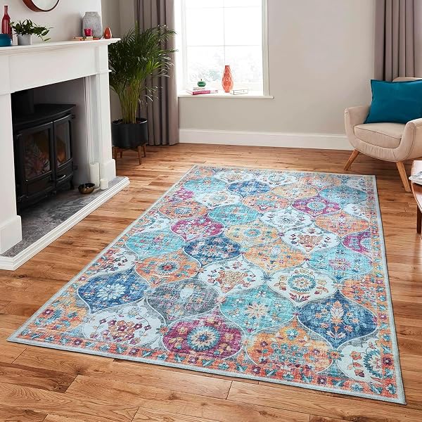MANDALA – MACHINE WASHABLE AREA RUGS 5 X 7 FT, STAIN RESISTANT RUGS, DURABLE POLYESTER MATERIAL, PATTERNED & COLORFUL RUG, BEDROOM & LIVING ROOM RUG, ROOM & MODERN HOME DECOR – ORANGE & MULTI