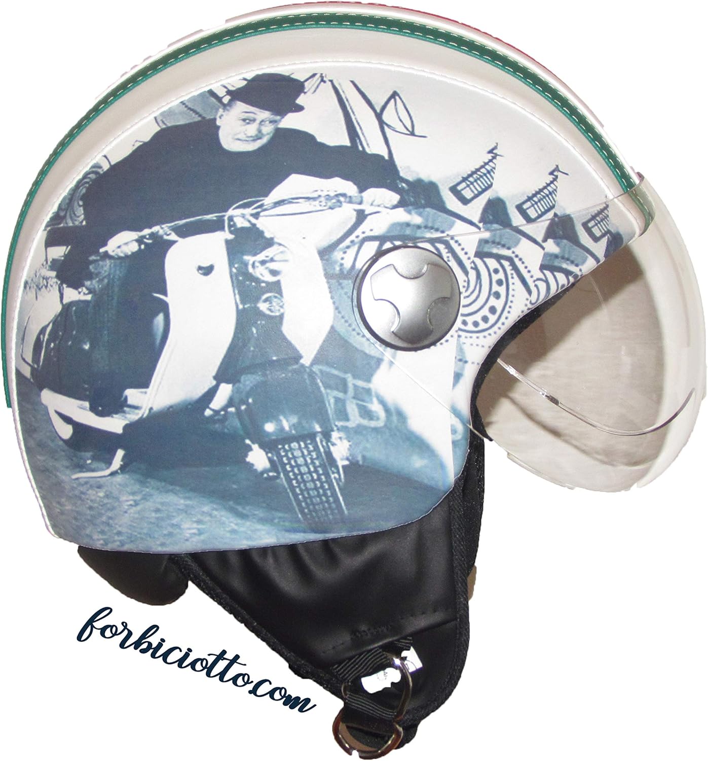 Casco In Pelle Sintetica Vintage Retro Stampa Toto Antonio De Curtis Seduto Su Una Lambretta Vespa Rivestito E Personalizzabile Nei Colori E Loghi Su Commissione Del Cliente Visiera Aviatore M Amazon It
