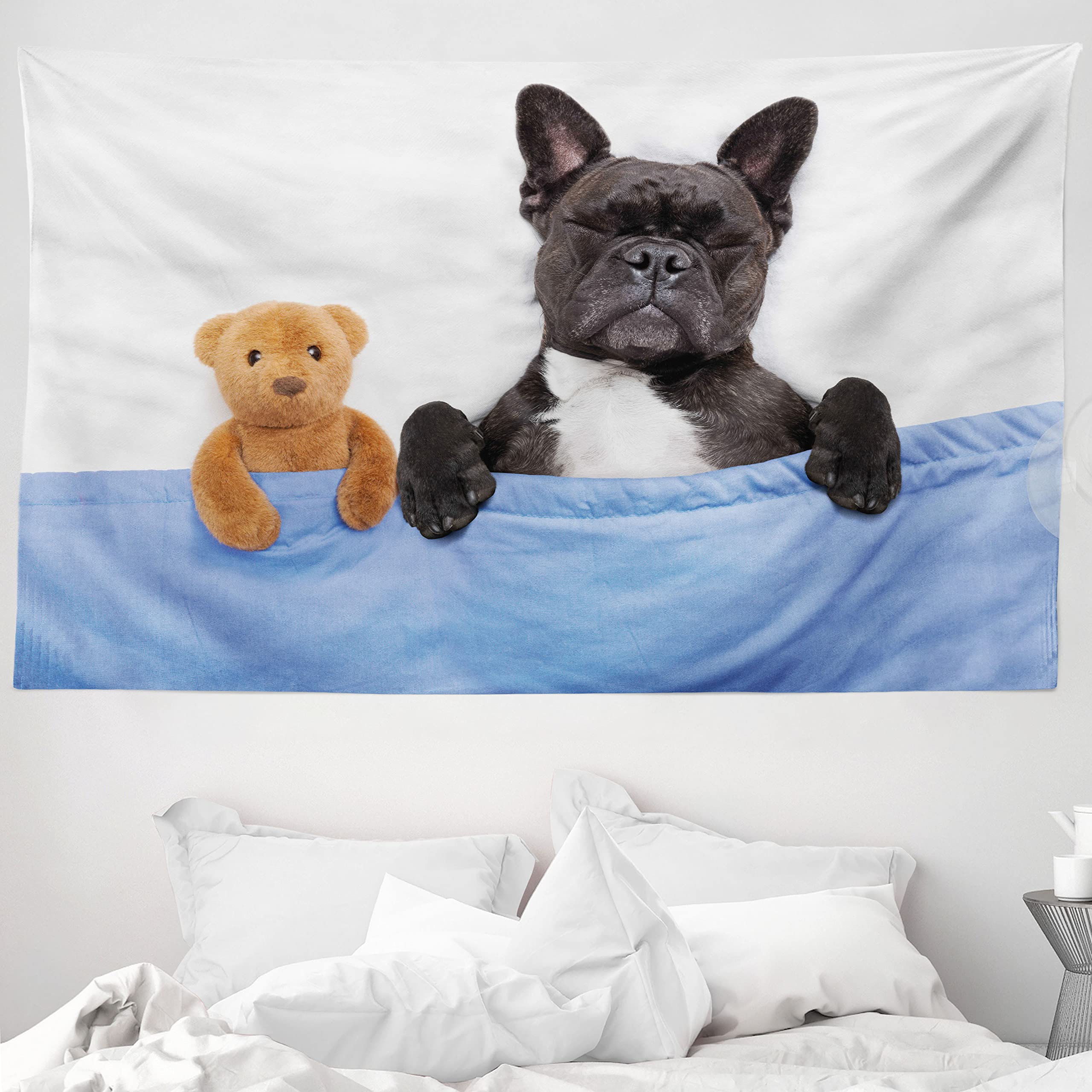 ABAKUHAUS Animal Tapestry, French Bulldog Sleeping Teddy Bear in Cozy Bed Best Friends Fun Dreams Image, Fabric Wall Hanging Decor for Bedroom Living Room Dorm, 230 x 140 cm, White Light Blue