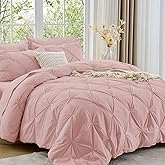 Sasttie King Size Comforter Set, 7-Piece Bed in a Bag, Pintuck Bedding Set for All Season, Includes Comforter, Flat Sheet, Fitted Sheet, Pillowcases and Pillowshams, Rose Gold