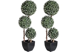 Damomo Artificial Boxwood Topiary Ball Tree, 3 Foot Outdoor Fake Topiaries Triple Ball Trees with White Fruits 2 Packs, Lifelike Faux Shrubs Plants Black Potted Decor Indoor Porch or Garden（35inch）