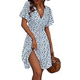 FENSACE Womens Sundress Summer Floral Short Sleeve Wrap V Neck A-Line Midi Dress