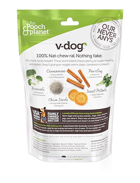 V-DOG DOG TREATS – VEGAN BREATHBONE TEETH CLEANING DENTAL DOG BONES – FRESH BREATH – 8 OUNCES – ALL NATURAL – MADE IN USA – 6 BONES – 4″ LONG – EASY TO DIGEST