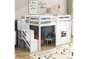 Favfurish Twin Size Loft Bed with Storage Staircase and Window,Wood Twin Loft Bunk Bedframe with Full-Length Guardrail and Sturdy Slat Support, No Noise,No Box Spring Needed,for Kids,Boys,Girls,White