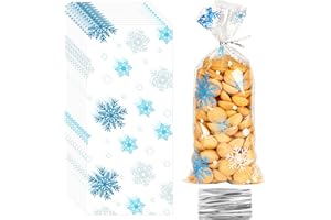 FLMRIOY 100 Pack Christmas Snowflake Cellophane Treat Bags with Twist Ties, 10.8 x 5 Inches Holiday Frozen Goodie Bags Winter Wonderland Candy Bags for Christmas Party Favors (Blue)