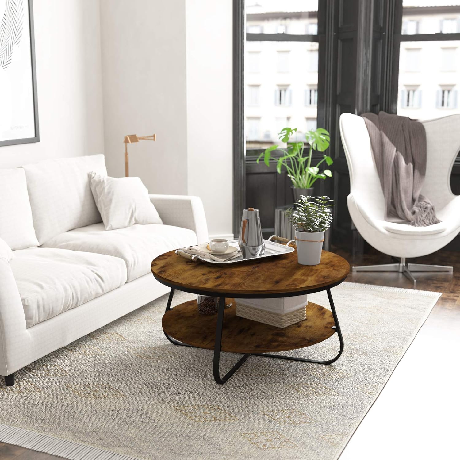 Elephance Round Coffee Table with Storage, 35.8 Inch Rustic Wood Coffee Table with Strong Metal Frame for Living Room, Dining Room, Cocktail Table, Round Sofa Table (Almond): Kitchen & Dining