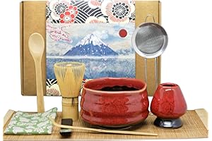 Annie & Mia Design Matcha Whisk Set (9pcs), Japanese Tea Matcha Set includes Ceramic Matcha Bowl, Bamboo Matcha Whisk(chasen), Ceramic Matcha Whisk holder, Bamboo Matcha Spoon (chashaku). Red color.
