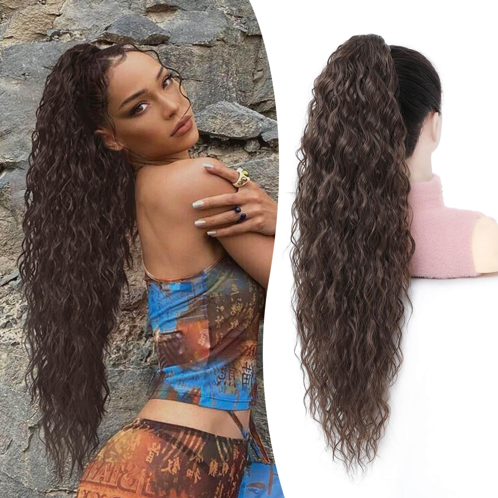 Flyroseing Chocolate Brown Ponytail Extension, 30inch Long Curly Wavy Hair Extensions Ponytail, Synthetic Claw Clip in Ponytail Hair Extensions, Hairpieces for Daily Party Use — image 1