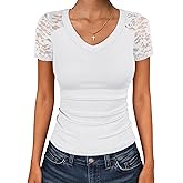 ANRABESS Women Short Sleeve V Neck Lace Shirts Ribbed Knit Fitted Basic Tee Top 2026 Summer Casual T-Shirts Going Out Outfits